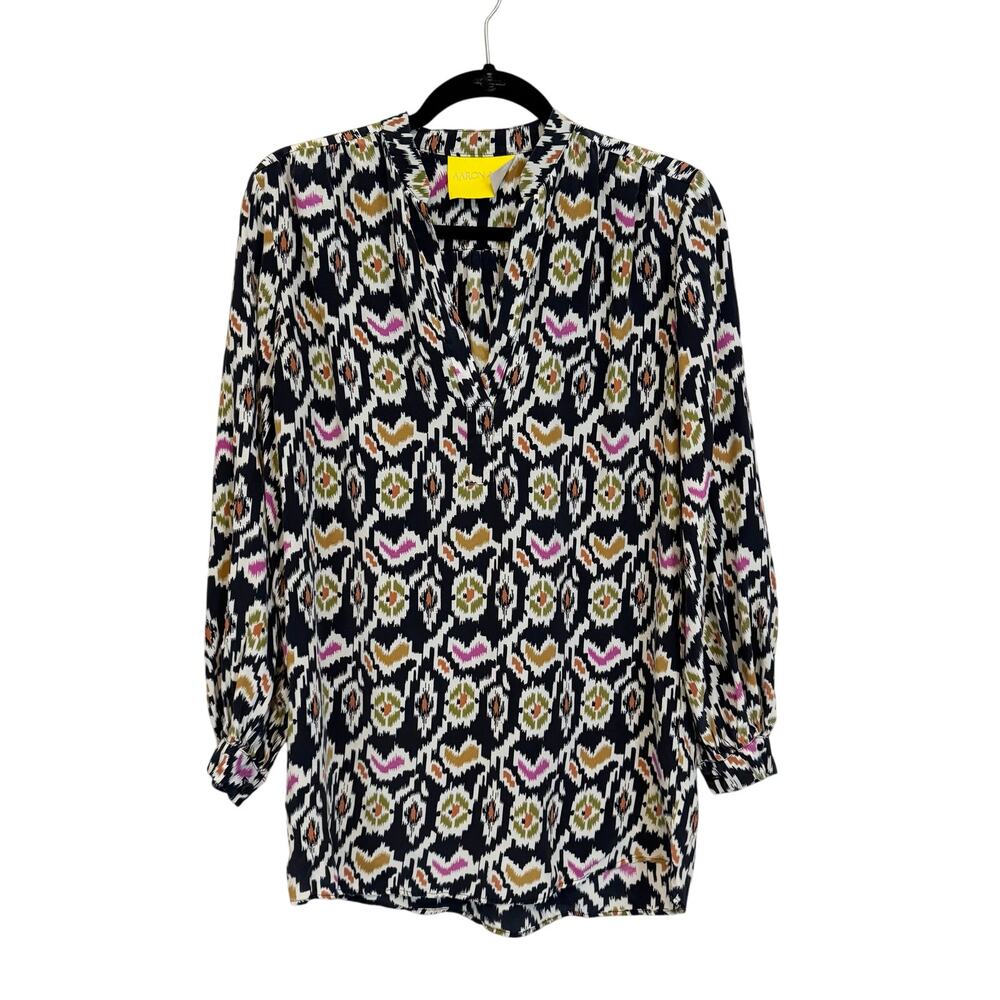 Aaron Ashe Tunic Blouse Womens XS Black 100% Silk Geometric Heart Casual USA